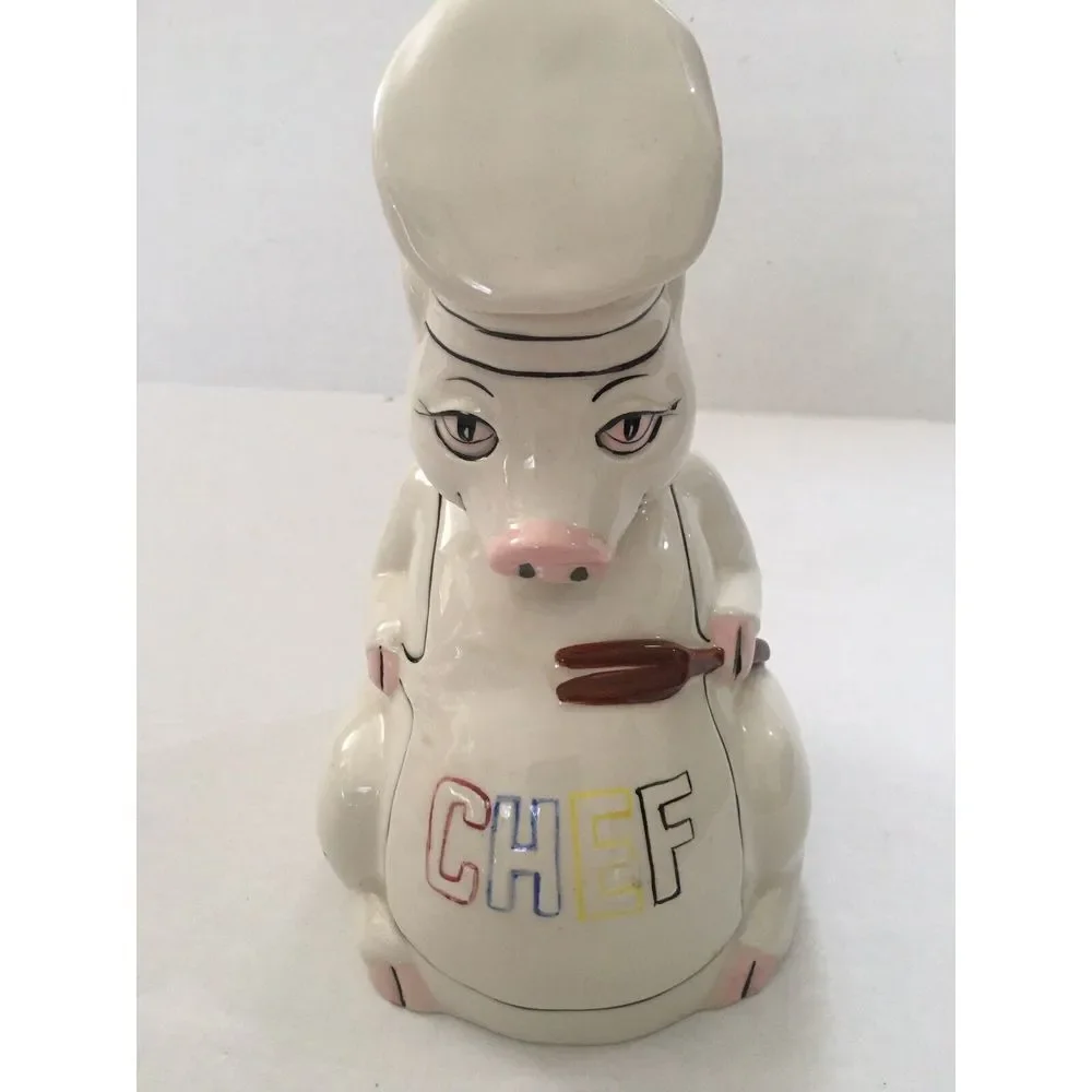 Pig Chef Vtg Piggy Bank Ceramic White Collectible Kitchen - Missing Bottom Cover